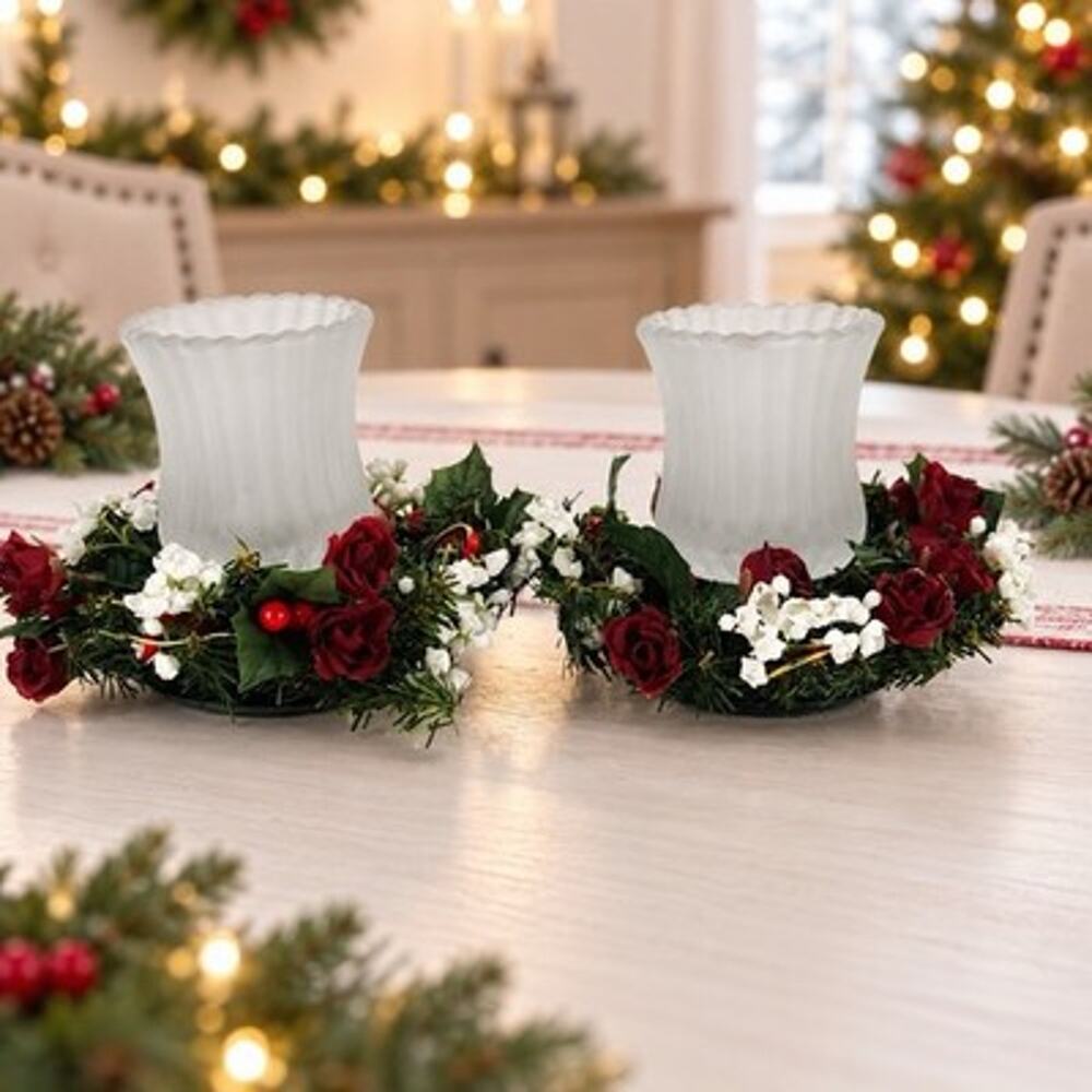 Vintage Christmas Wreath Candle Holders Frosted Ribbed Glass Chimneys Set of 2